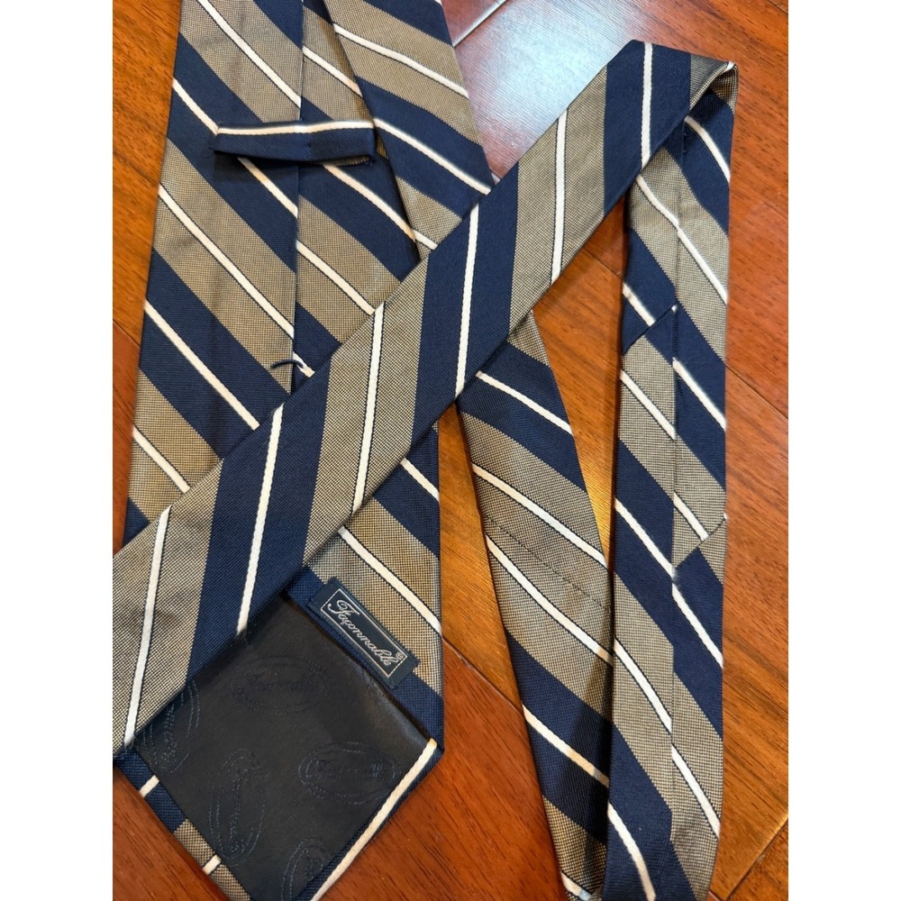 Faconnable Silk Tie Slant Stripe France | Navy Tan | 58"L 3.75"W